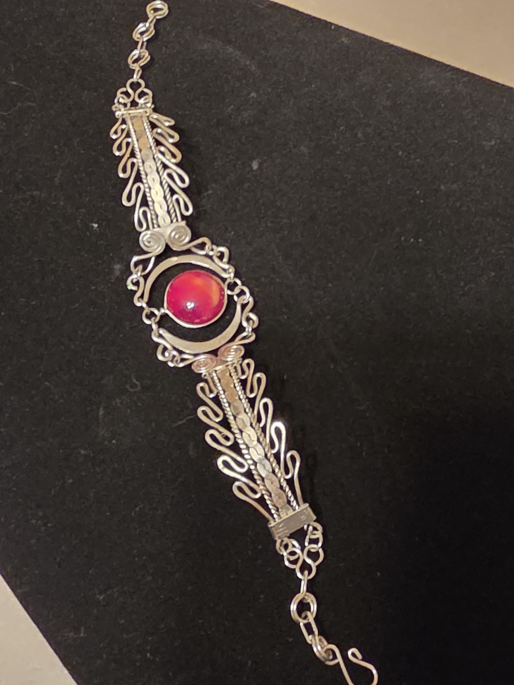 Witchy Goth Filigree Celestial Silver Toned with Red Stone Hook Bracelet